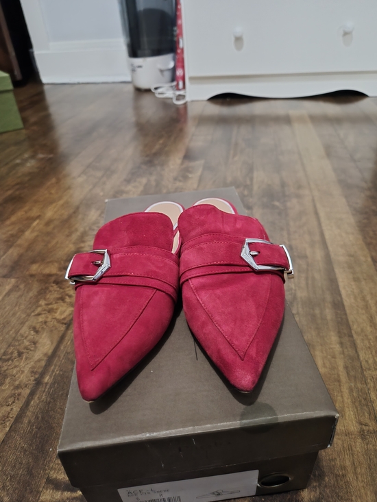 Shoes - Pointed Red Suede Buckle Mules - Women